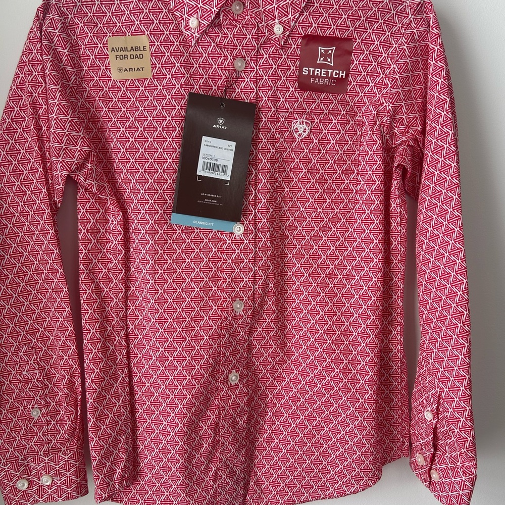 Ariat Boy’s Long Sleeve Button Down Red Geometric Classic Fit Shirt New-Sz.10/12 - Picture 3 of 10